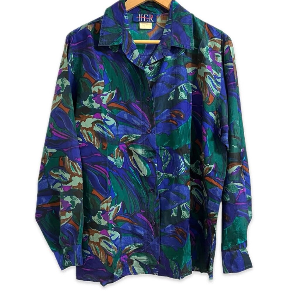 Vintage 80's 100% Silk Floral Button Front Long Sleeve Blouse Size Large